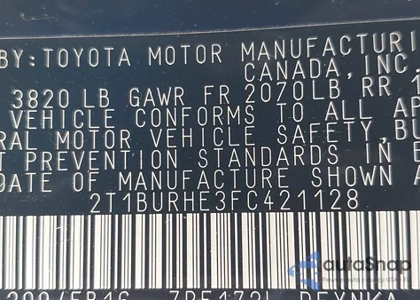 2015 Toyota Corolla Le z USA, uszkodzony, nr VIN 2T1BURHE3FC421128